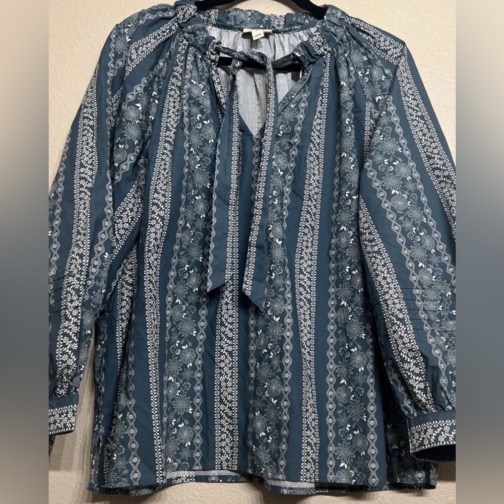 a.n.a Dark Teal Printed Tie-Neck Tunic 100% Cotton Blouse
